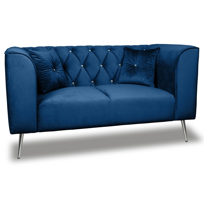 Sofa skandynawska dwuosobowa na wysokich metalowych nogach, sofa pikowana w guziki kryształowe - Kare 2-osobowa